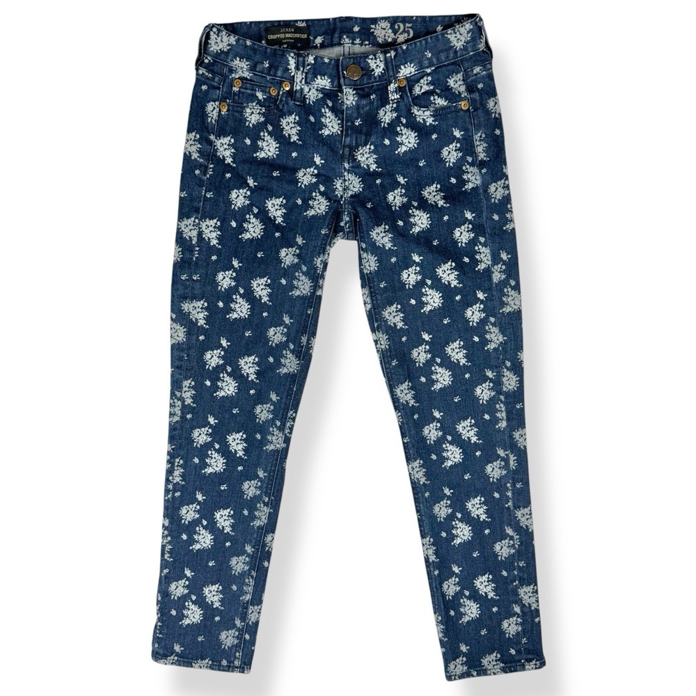 J.Crew Cropped Matchstick Jeans Size 25 Floral Print Low Rise Retro Blue White